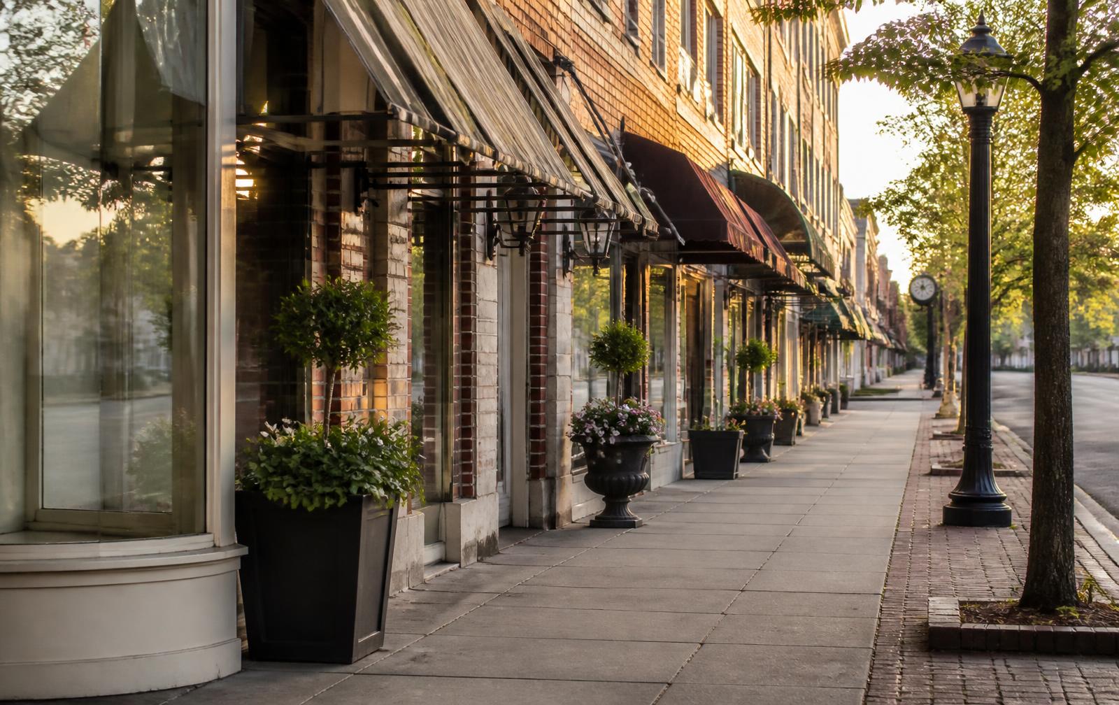 Quiet main street of a small upscale town district with awnings and planters in early-morning light.