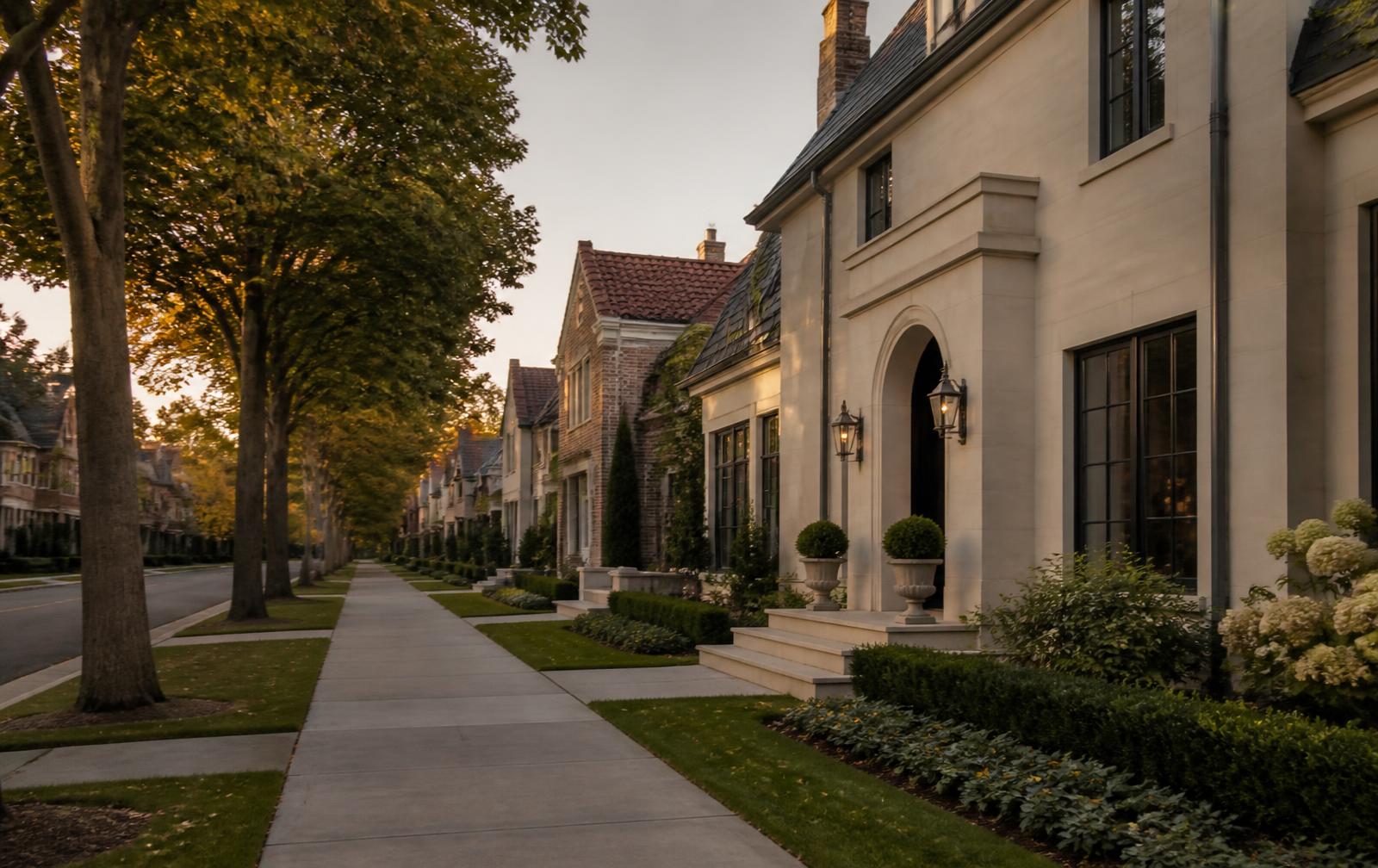 Tree-lined residential street of elegant homes photographed at golden hour.