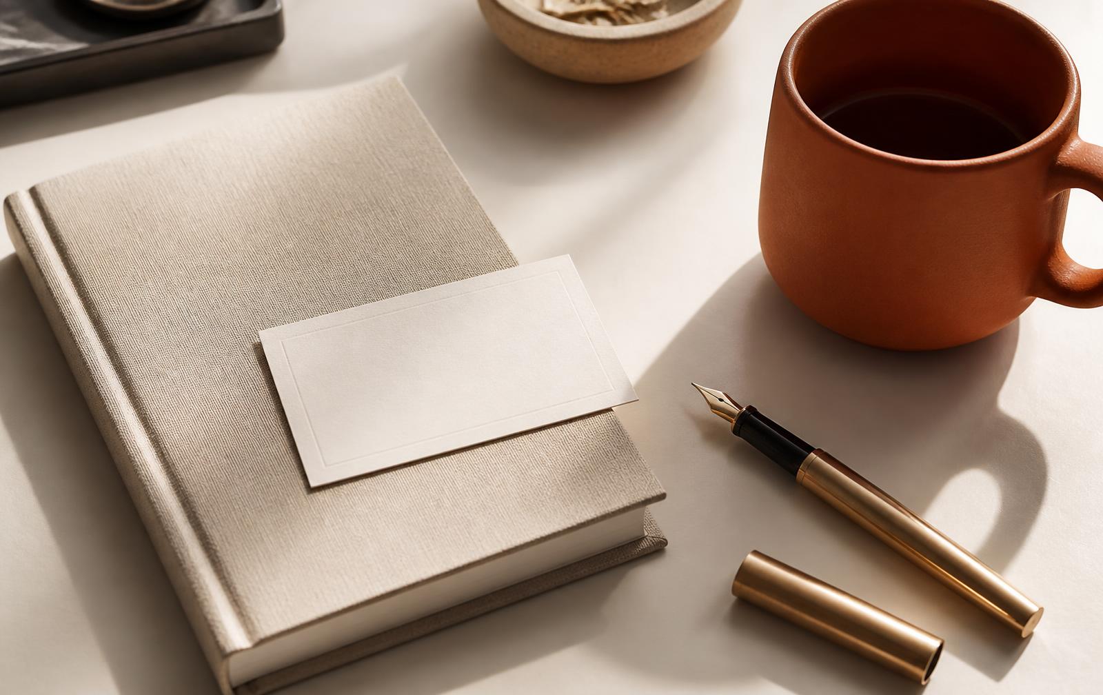 Linen notebook, letterpress business card, fountain pen and a terracotta mug on a warm paper-white desk.