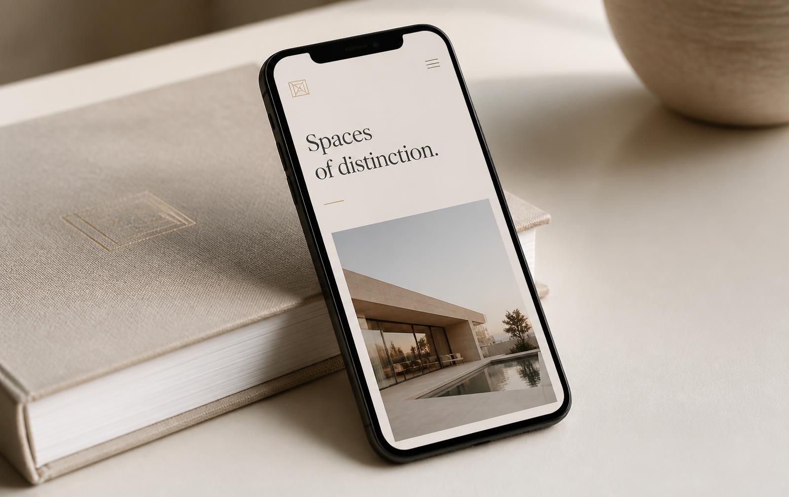 Smartphone resting on a linen book, displaying a minimal luxury real estate website page.